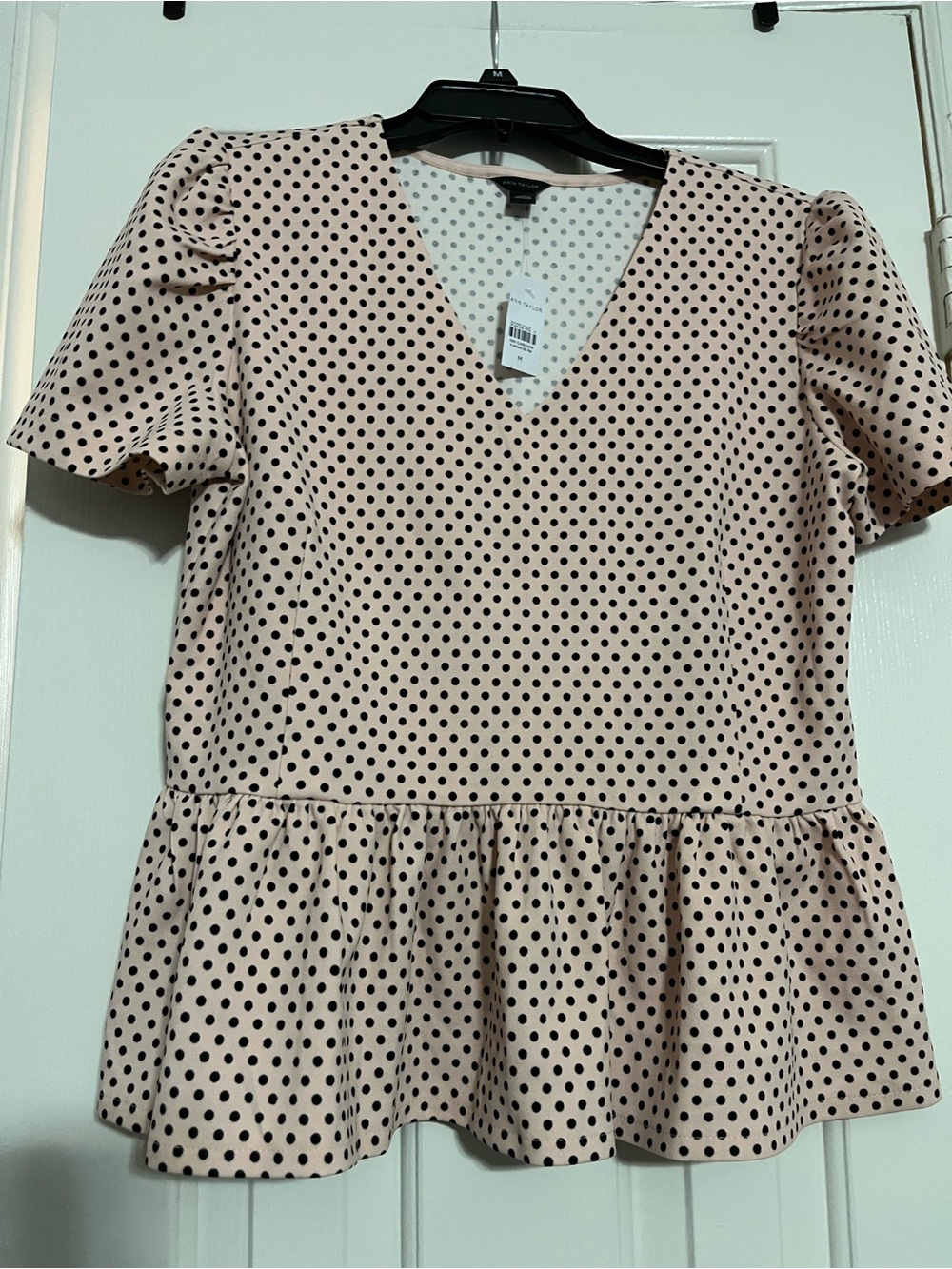 Ann Taylor Polka Dot V-Neck Peplum Top - Blush/Black